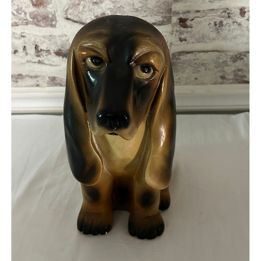 Vintage Basset Hound Coin Bank Large Brown Chalkware Dog Figurine 11.5"